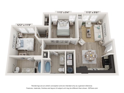 Floor plan for 2 beds, 2 baths, 888 sqft